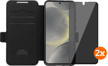 BlueBuilt Samsung Galaxy S25 Book Case Schwarz + Displayschutz mit Blickschutzfilter Doppelpack Hülle zum Falten