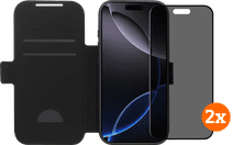 BlueBuilt Apple iPhone 17 Pro Book Case Leder Schwarz + Privacy Displayschutz Doppelpack Hülle zum Falten