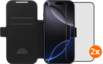 BlueBuilt Apple iPhone 17 Pro Book Case Leder Schwarz + Panzerglas Doppelpack Hülle zum Falten