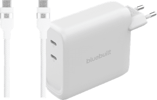 BlueBuilt 140-Watt-GaN-Ladegerät mit 2 USB-C-Ports Weiß + BlueBuilt USB-C-Kabel 240 W 2 m Nylon