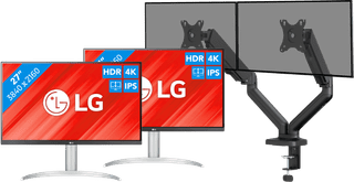 LG 27UP83AK-W Doppelpack + BlueBuilt Monitorhalterung Mechanische Feder für 2 Monitore