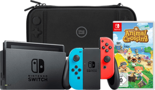 Nintendo Switch Rot/Blau + Animal Crossing New Horizons + Bluebuilt Travel Case