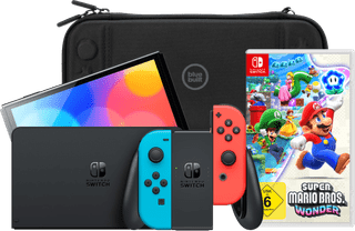 Nintendo Switch OLED Blau/Rot + Super Mario Bros. Wonder + BlueBuilt Schutzhülle