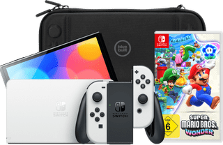 Nintendo Switch OLED Weiß + Super Mario Bros. Wonder + BlueBuilt Schutzhülle