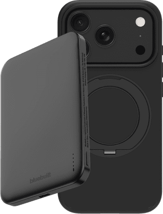 BlueBuilt MagSafe Hülle mit Ständer iPhone 18 Pro Schwarz + Powerbank 5.000 mAh Grau