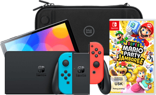 Nintendo Switch OLED Blau/Rot + Mario Party Jamboree + BlueBuilt Schutzhülle
