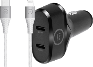 BlueBuilt Power Delivery Autoladegerät 45W Schwarz + Lightning Kabel 1,5 Nylon Weiß