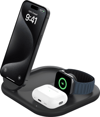 Belkin Boost Charge MagSafe und Qi2 3-in-1 Kabelloses Ladegerät 15 W mit Ständer Schwarz