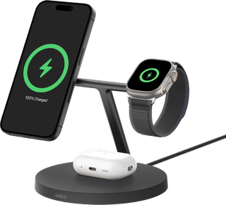 Belkin Boost Charge Pro MagSafe und Qi2 3-in-1 Kabelloses Ladegerät 15 W mit Ständer Schwarz