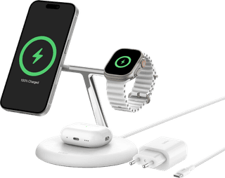 Belkin Boost Charge Pro MagSafe und Qi2 3-in-1 Kabelloses Ladegerät 15 W mit Ständer Weiß