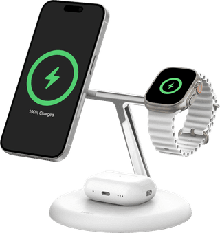 Belkin Boost Charge Pro MagSafe und Qi2 3-in-1 Kabelloses Ladegerät 15 W mit Ständer Weiß