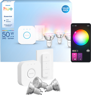 Philips Hue Essential White & Color Starterset GU10 3er-Pack + Bridge + Dimmer