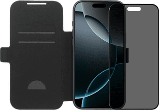 BlueBuilt Apple iPhone 17 Pro Max Book Case Leder Schwarz + BlueBuilt iPhone 17 Pro Max Panzerglas mit Blickschutzfilter
