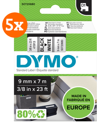 DYMO D1 9mm x 7m Black White Labels 5-pack