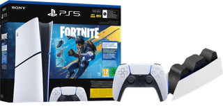 PlayStation 5 Slim Digital Edition Fortnite Bundle + Extra Controller white + Charging Dock