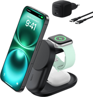 Belkin UltraCharge 3-in-1 MagSafe Kabelloses Ladegerät mit Ständer Qi2 25 W Schwarz