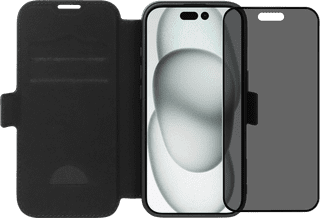 BlueBuilt Apple iPhone 16 Book Case Leder Schwarz + Panzerglas mit Blickschutzfilter