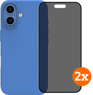 BlueBuilt Backcover iPhone 16 Blau + Panzerglas mit Blickschutzfilter Doppelpack