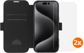 BlueBuilt Apple iPhone 16 Pro Book Case Leder Schwarz + Panzerglas Doppelpack