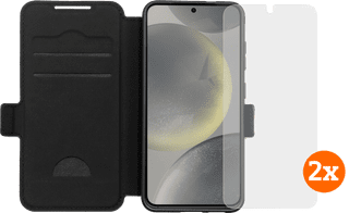 BlueBuilt Samsung Galaxy S25 Book Case Schwarz + Panzerglas Doppelpack