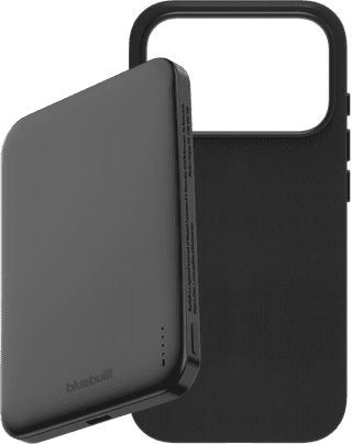 BlueBuilt MagSafe Hülle iPhone 18 Pro Leder Schwarz + Powerbank 5.000 mAh Grau
