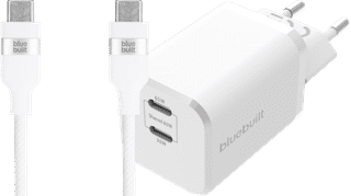 BlueBuilt Power-Delivery-Ladegerät mit 2 USB-C-Ports 65 W + USB-C-Kabel 1,5 m Nylon Weiß