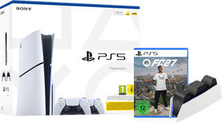 PlayStation 5 Slim mit Laufwerk + FC 27 + Zusätzlicher Controller Weiß + Ladestation