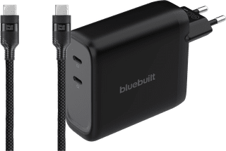 BlueBuilt 140-Watt-GaN-Ladegerät mit 2 USB-C-Ports Schwarz + BlueBuilt USB-C-Kabel 240 W 2 m Nylon
