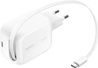 Belkin BoostCharge Pro Ladegerät 45 W USB-C Weiß + USB-C Einziehbares Kabel 0,8 m Kunststoff Weiß
