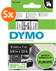 DYMO D1 9mm x 7m Black White Labels 5-pack Main Image
